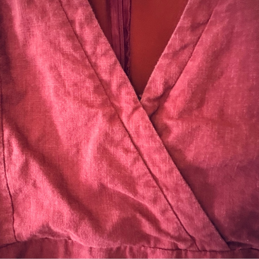 KARLIE Burgundy Linen Blend Puff Sleeve V-Neck‎ Ruffle Hem Dress Size Large - Picture 4 of 7